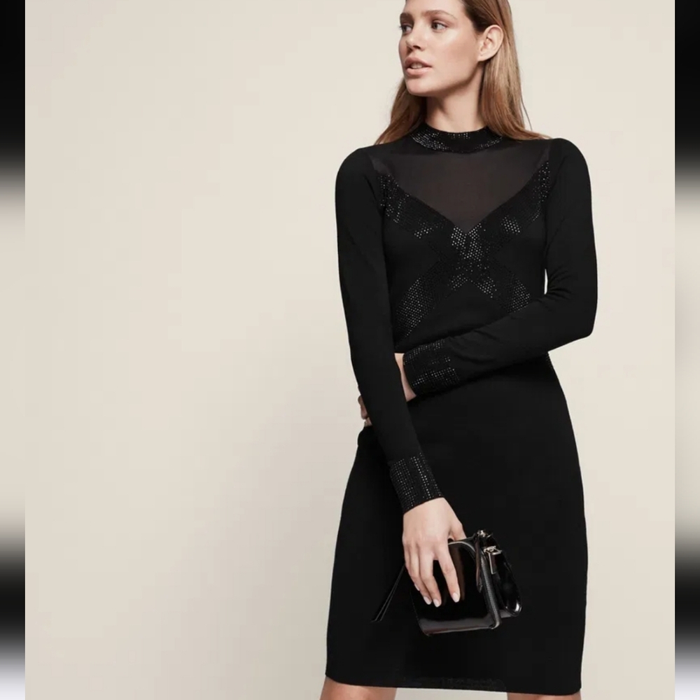 Reiss Sheer Embellished Bodycon Dress Black Cross Beaded Sheer Yoke Sleeves 6